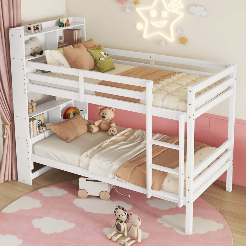 White Rubber Wood Twin-Over-Twin Bunk Bed With Shelved Headboard, Safety Guardrails, And Ladder – Convertible To Two Separate Beds