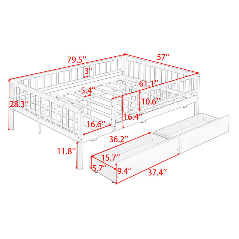 Wood Daybed with Two Drawers, Walnut, Full / Double