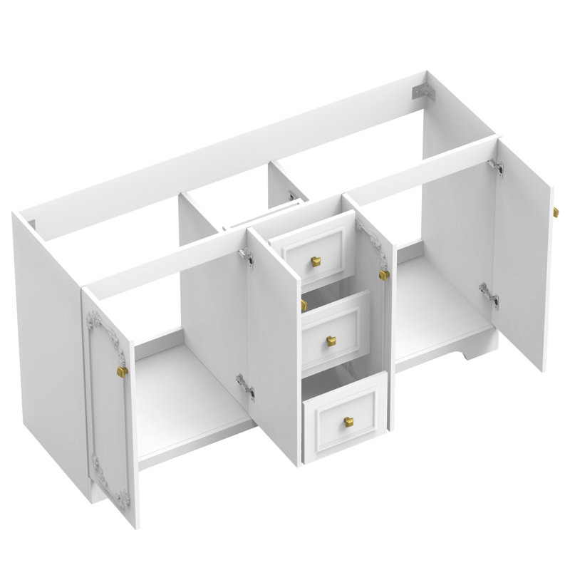 Armoire de salle de bain blanche sculptée de style français de 60 po, armoire de rangement abondante, 4 portes à fermeture douce et 3 tiroirs