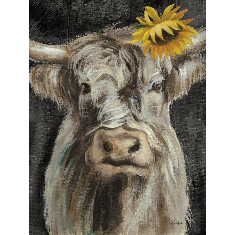 «Floral Highland Cow» par Silvia Vassileva, H 24 po x l 18 po x P 1,25 po, Non, Toile avec cadre noyer