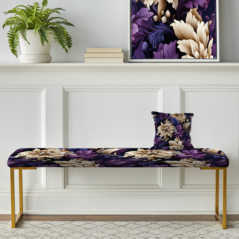 Banc rembourré damassé doré,  Fusion de fleurs mauves - Damas 