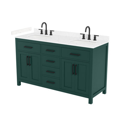Beckett 60 Inch Double Bathroom Vanity in Green, Carrara Cultured Marble Countertop, Undermount Square Sinks (3-Hole), Matte Black Trim