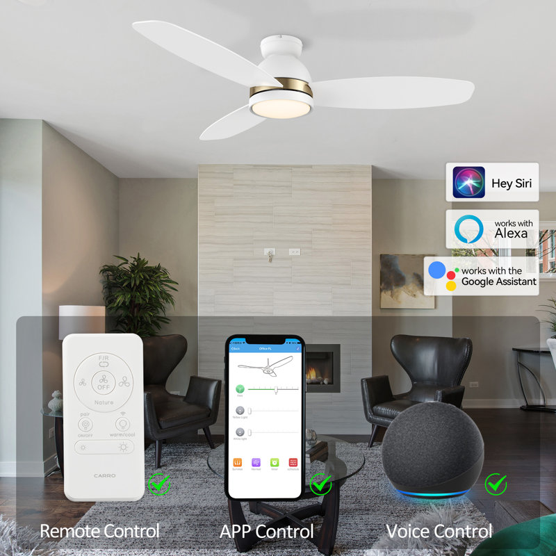 Ventilateur de plafond encastré à DEL à 3 pales de 52 po avec télécommande et ensemble d'éclairage inclus, Blanc