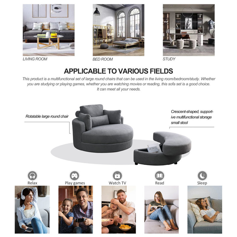 Ern Upholstered Swivel Barrel Chair with Ottoman, Dark Grey Linen