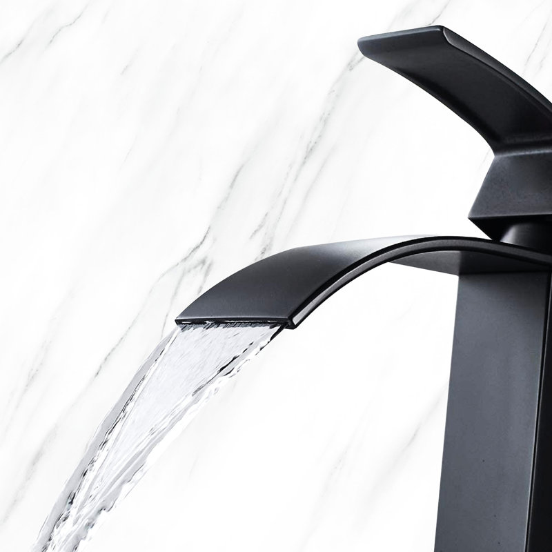 Robinet de salle de bain avec bec cascade et poignée simple, acier inoxydable, abat-jour noir mat, Noir mat