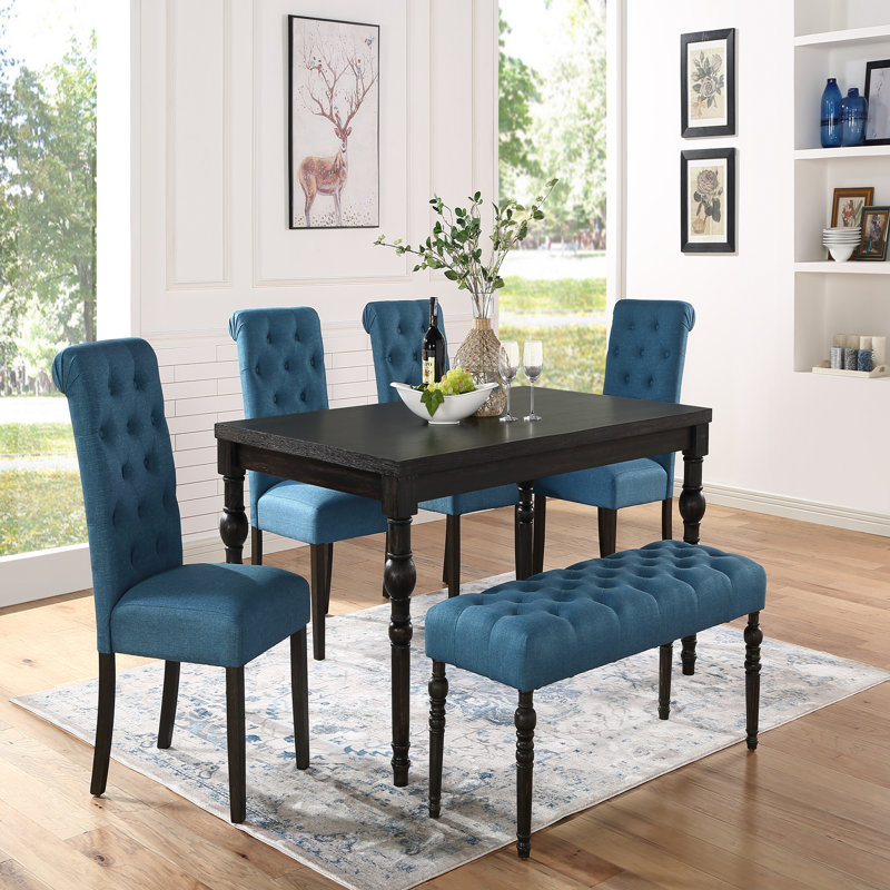 Ensemble de salle à manger en bois délavé de style urbain Urban: table, 4 chaises et banc, Bleu