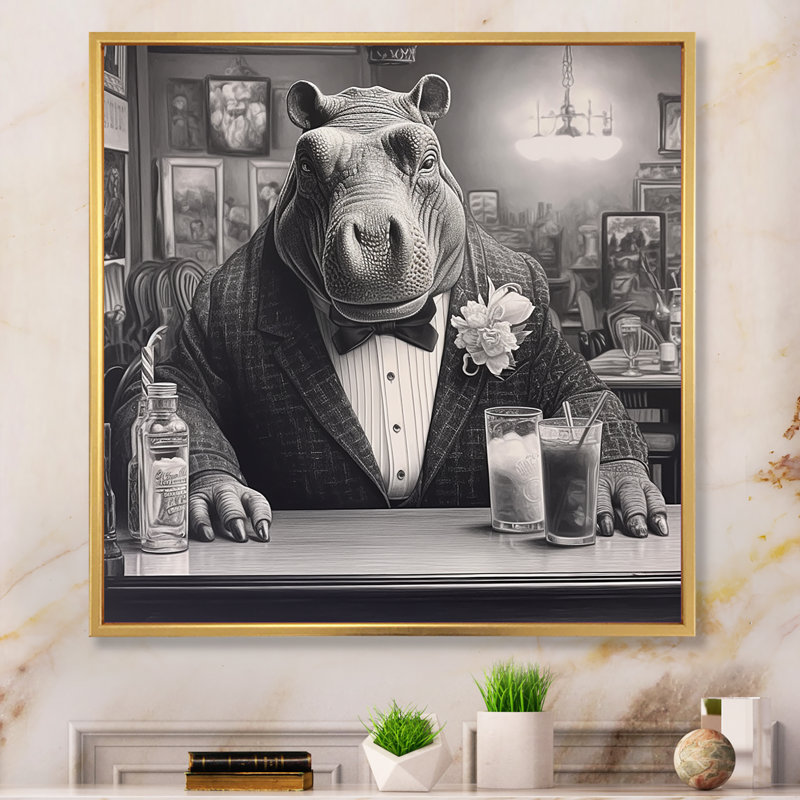 «Rhino Have A Drink II» sur toile, Cadre flottant doré, H 30 po x l 30 po x P 1 po