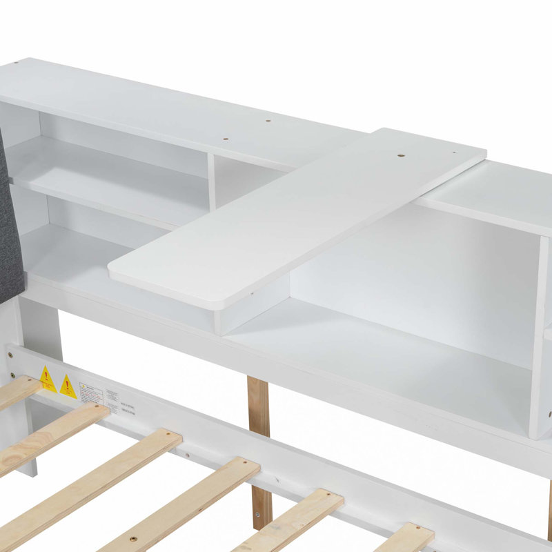 Lit plateforme en bois avec lit gigogne, tablettes et tête de lit, Blanc