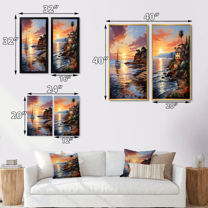 «Espagne coucher de soleil sur la Costa Del Solin», 2 pièces, Encadrement doré, H 40 po x l 40 po