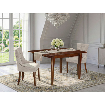 3 Piece Dining Table Set Contains a Rectangle Dining Room Table with Butterfly Leaf and 2 Doeskin Linen Fabric Parsons Chairs, Mahogany