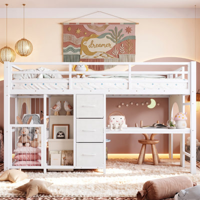 Lit mezzanine simple en métal avec bureau d'étude et tiroirs en tissu, lit de jour tout-en-un multifonction pour enfants, blanc