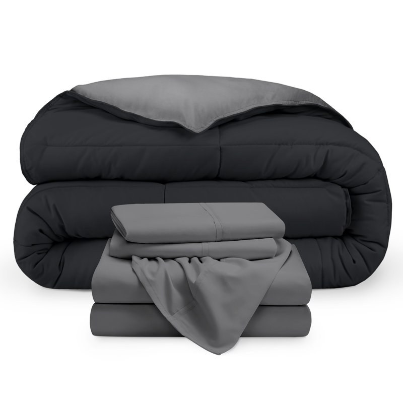 Microfiber Reversible Bed-In-A-Bag, Grey/Light Grey, Light Grey, King Comforter + 2 Pillowcases