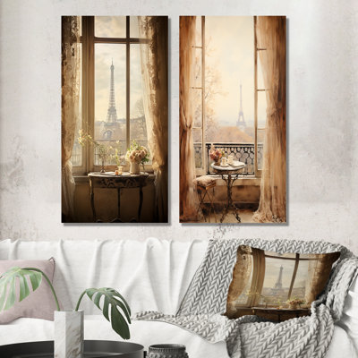 «Rustic Eiffel Tower Paris Window View I - Paris», ensemble de 2 reproductions d'art mural