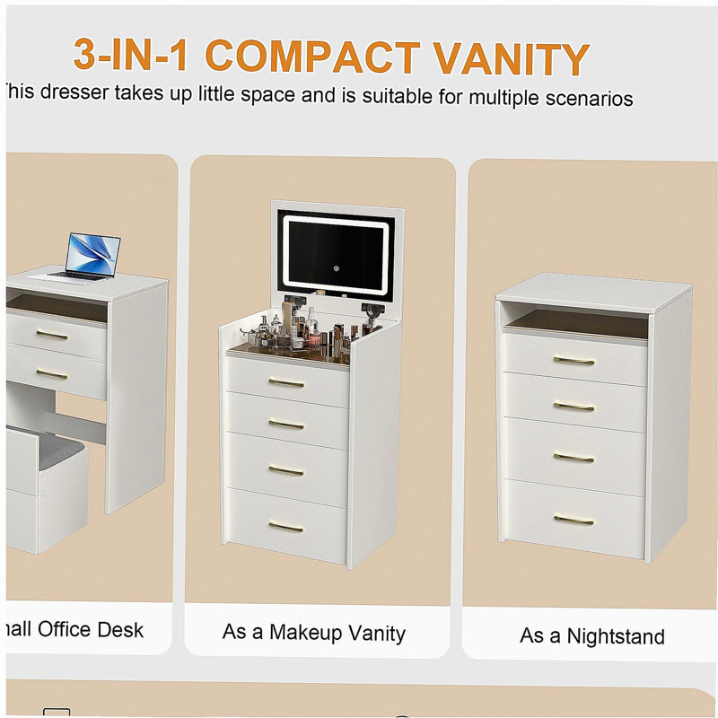 3 in 1 Vanity Desk with open Top Mirror,Small Make Up Vanity Set with Visible Glass Desktop,Compact Makeup Vanity with 3 Drawers,Dressing Table for Bedroom