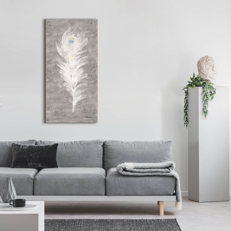 «Silver Blue Eyed Feathers 3» par Albena Hristova, art mural en verre acrylique, H 48 po x l 24 po