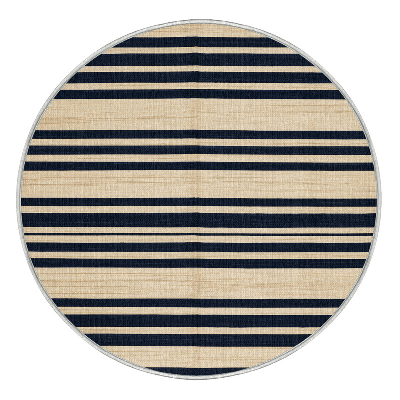 Washable Cream Navy Striped Area Rug, Round 8'