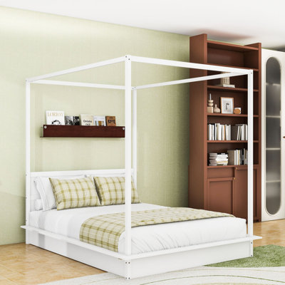 Lit plateforme à baldaquin en bois avec éclairage DEL et pieds centraux