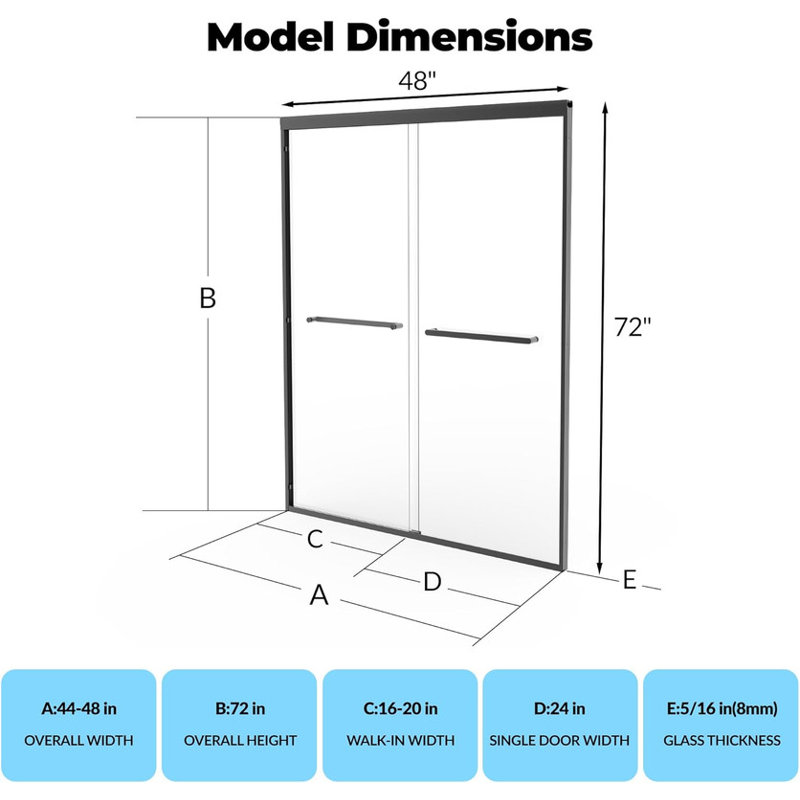 72" Frameless Sliding Shower Door, 8mm Tempered Glass with Explosion-Proof Film, Black