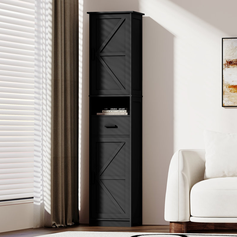 69" Tall Narrow Black Storage Cabinet With 2 Barn Doors And 1 Drawer For Bathroom, Living Room, Kitchen | Gift Idea, Black