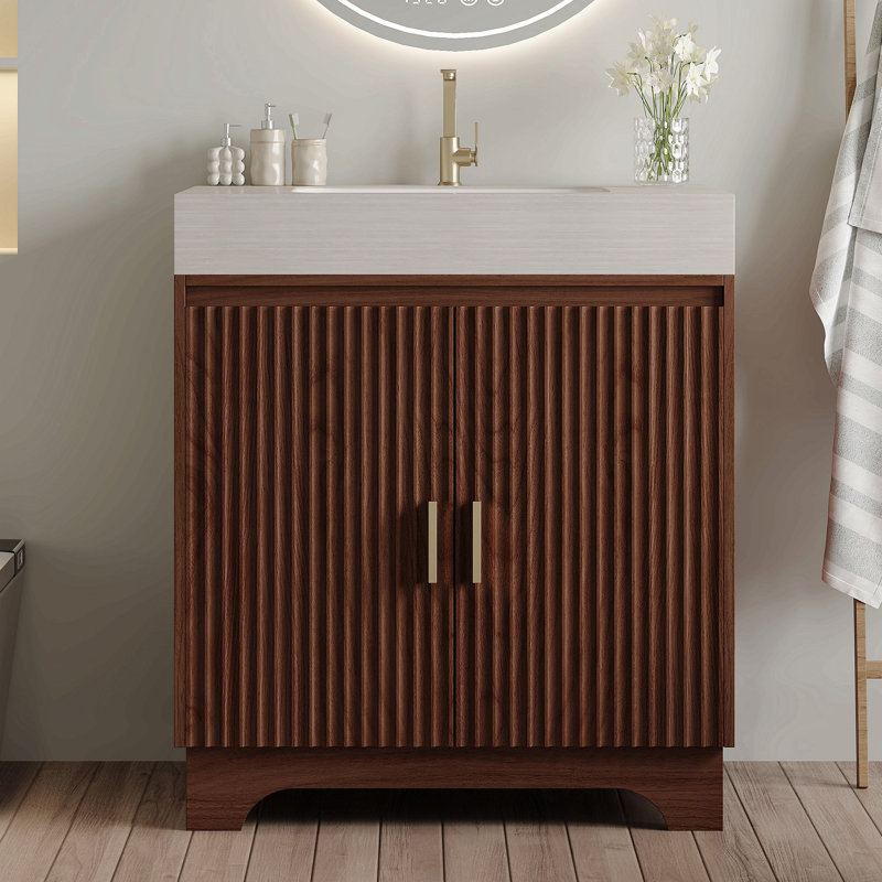 Meuble-lavabo de comptoir en pierre aggloméré 30 po avec lavabo en céramique, Beige