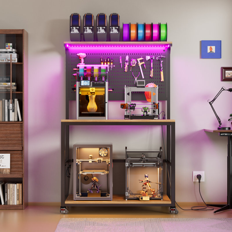 Support pour imprimante 3D avec banc de rangement à filament, table pour imprimante 3D avec station de charge et lumières à DEL, bureau pour imprimante à roulettes robuste avec panneau perforé pour atelier / bureau / garage, brun