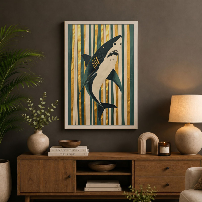 Primal Shark Graphic - Wrapped Canvas, 18x12 - 45.7 x 30.5 cm, Teal Border