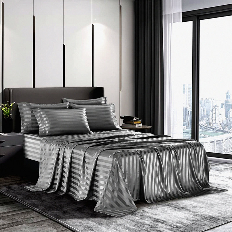 Luxury Silk Stripe Bedding Set - 6 Piece Deep Pocket Italian Style Sheets with Envelope Pillowcases - Stain-Resistant Wrinkle Free Queen Size - Grey