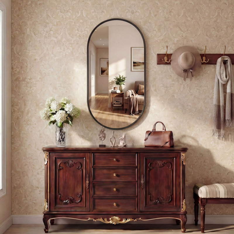 Oval Metal Wall Mirror, Modern Bathroom Mirror, Decorative Vanity Wall Mirror For Bathroom, Entryway & Bedroom, Black
