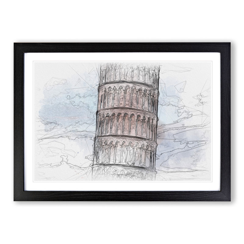 Leaning Tower of Pisa Vol.2 - Picture Frame Drawing, Black Framed, 65cm H x 90cm W x 2cm D
