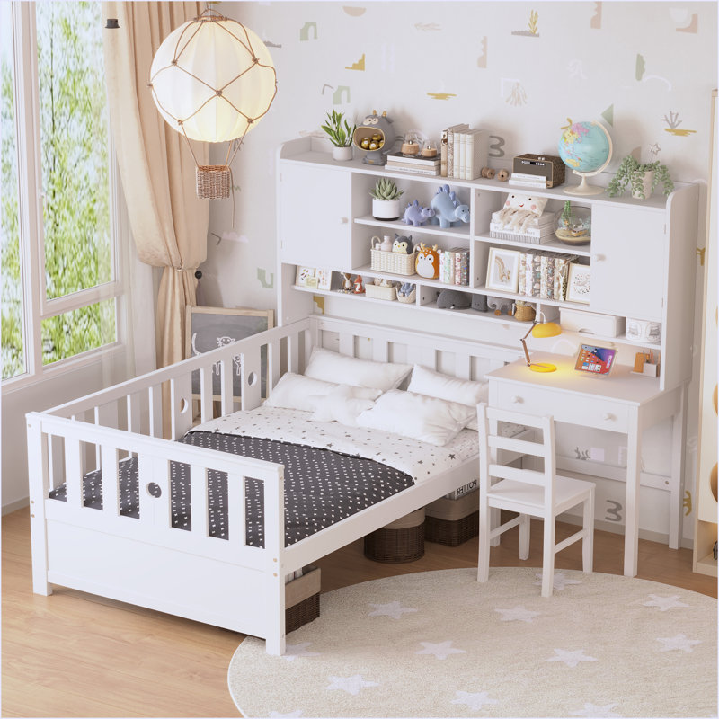 Twin Size Multifunctional Wood Platform Bed With Bookshelf At The Head Of The Bed, White