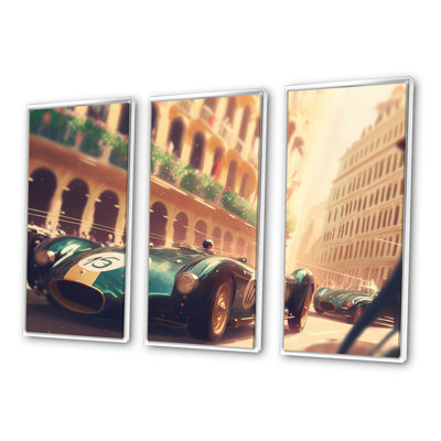 «Vintage Blue Race Car in Street Race III», reproduction sur toile 3 pièces