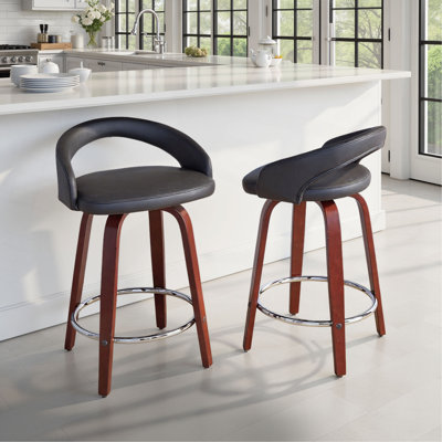 Tabouret de comptoir à hauteur fixe avec pivot en bois d'acajou, repose-pieds en métal chromé et similicuir - ensemble de 2