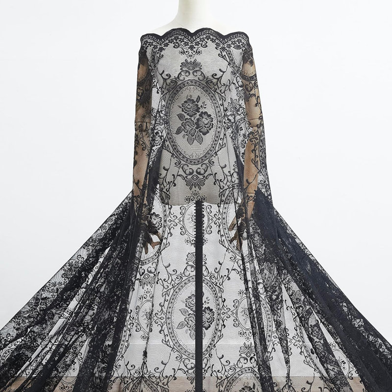 LEA 216 Inches Sheer Black Lace Window Scarf for Vintage Decor, 54" W x 216" L, Black