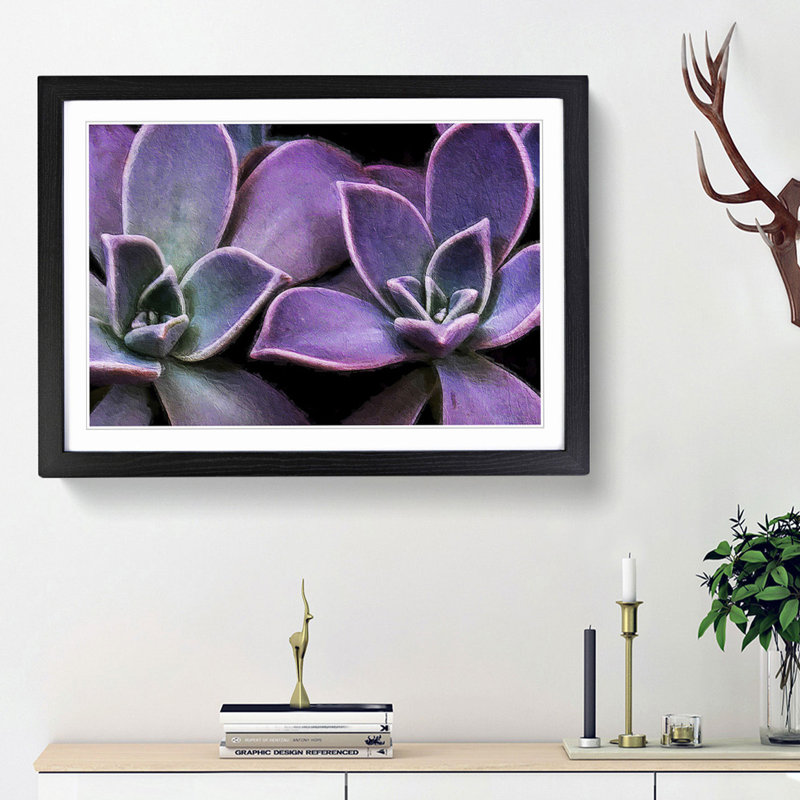 Lilac & Green Succulent Plant - Picture Frame Painting Print, 27cm H x 36cm W x 2cm D, Black Framed