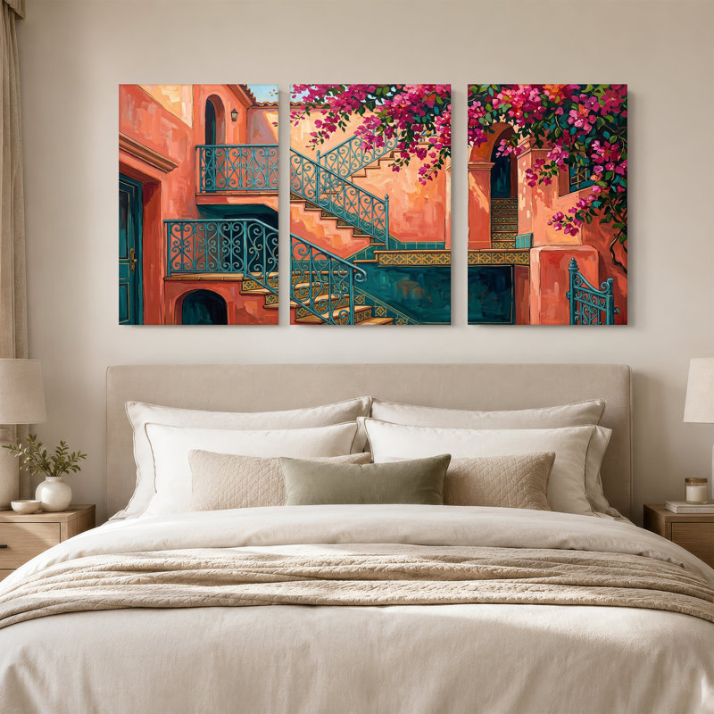Ensemble de 3 toiles en terre cuite avec bougainvilliers et fer forgé, 30"H x 20"W x 3pcs