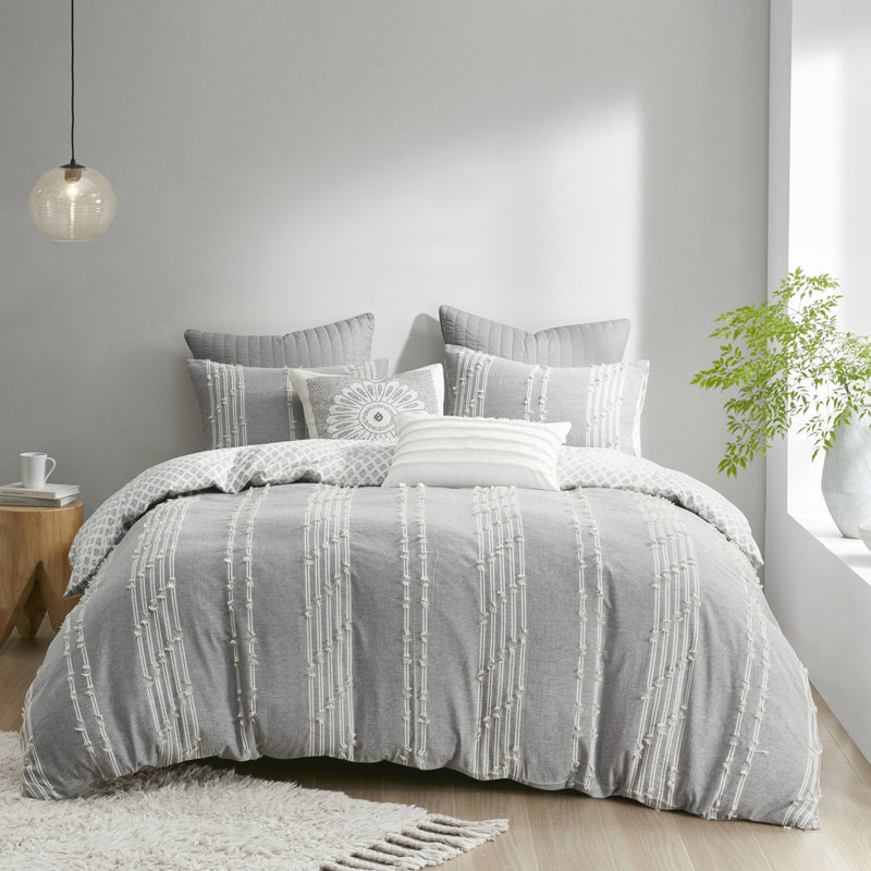 Housse de couette pour lit double / grand lit, gris et coton, avec fermeture à bouton