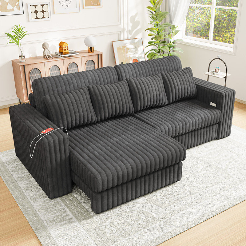 108" Corduroy Sofa Slide with Power Recliner Glider, Convertible Sectional Couches with USB Charging Ports and 2 Side Storage, Deep Seat Sleeper Sofa with 6 Cushions for Living Room