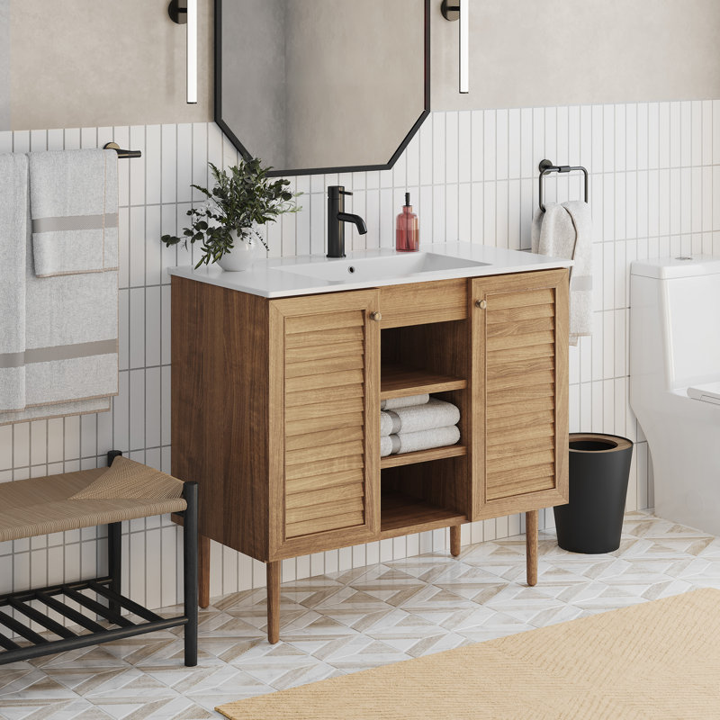 Bron 36" Freestanding Bathroom Vanity in Golden Oak with Sink Top, White, Golden Oak, Single-Hole
