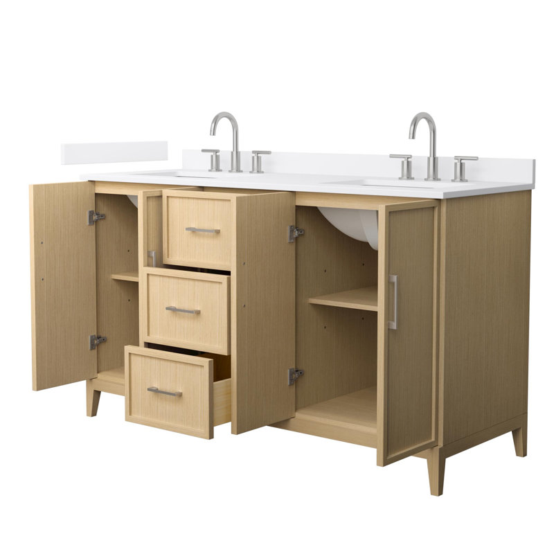Ensemble de meuble-lavabo double 60 po Elan, Chêne blanc avec bordure en nickel brossé, Comptoir en marbre de culture blanc