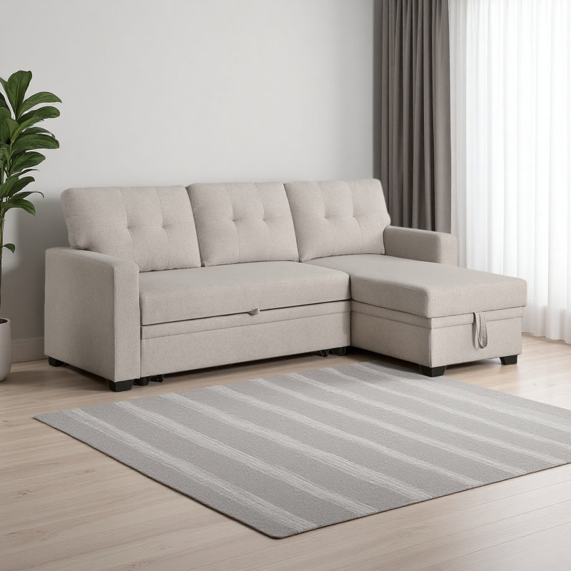 Canapé modulaire convertible rembourré avec méridienne coulissante, Beige, Orienté à droite