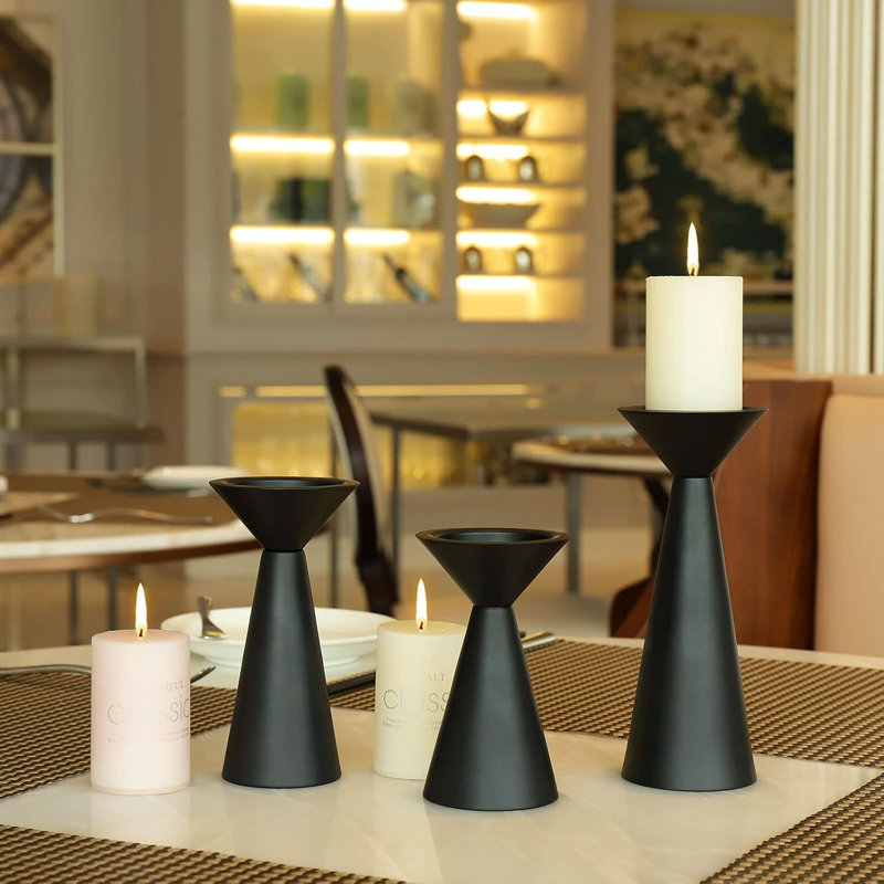 Ensemble de 3 bougeoirs noirs - Bougeoirs en métal pour bougies piliers