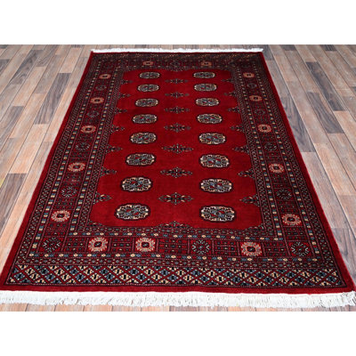 4'2"x6'2" Crimson Red, Princess Bokara with Geometric Medallions, Soft and Shiny Wool, Vegetable Dyes, Hand Knotted, Oriental Rug