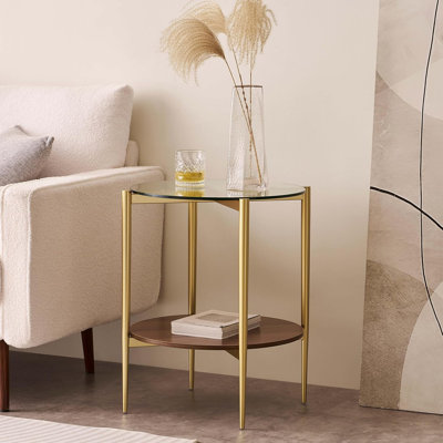 Mid-Century Modern Round Glass End Table With Walnut Shelf And Gold Frame, 2-Tier Design For Living Room