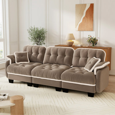 Chenille Cloud 3-Seater Sofa with Pillows and Pom-Pom Trim, Brown