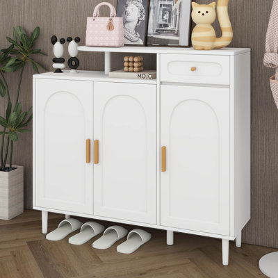 Range-chaussures avec portes et tiroirs arqués, buffet de rangement avec tablettes réglables et pieds en bois massif pour le vestibule