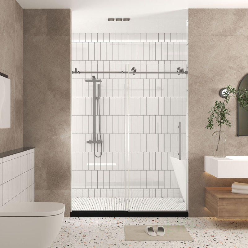Frameless Shower Door With Clear Tempered Glass, Explosion-Proof Film, And Stainless Steel Handle For Modern Bathrooms, Shower Door