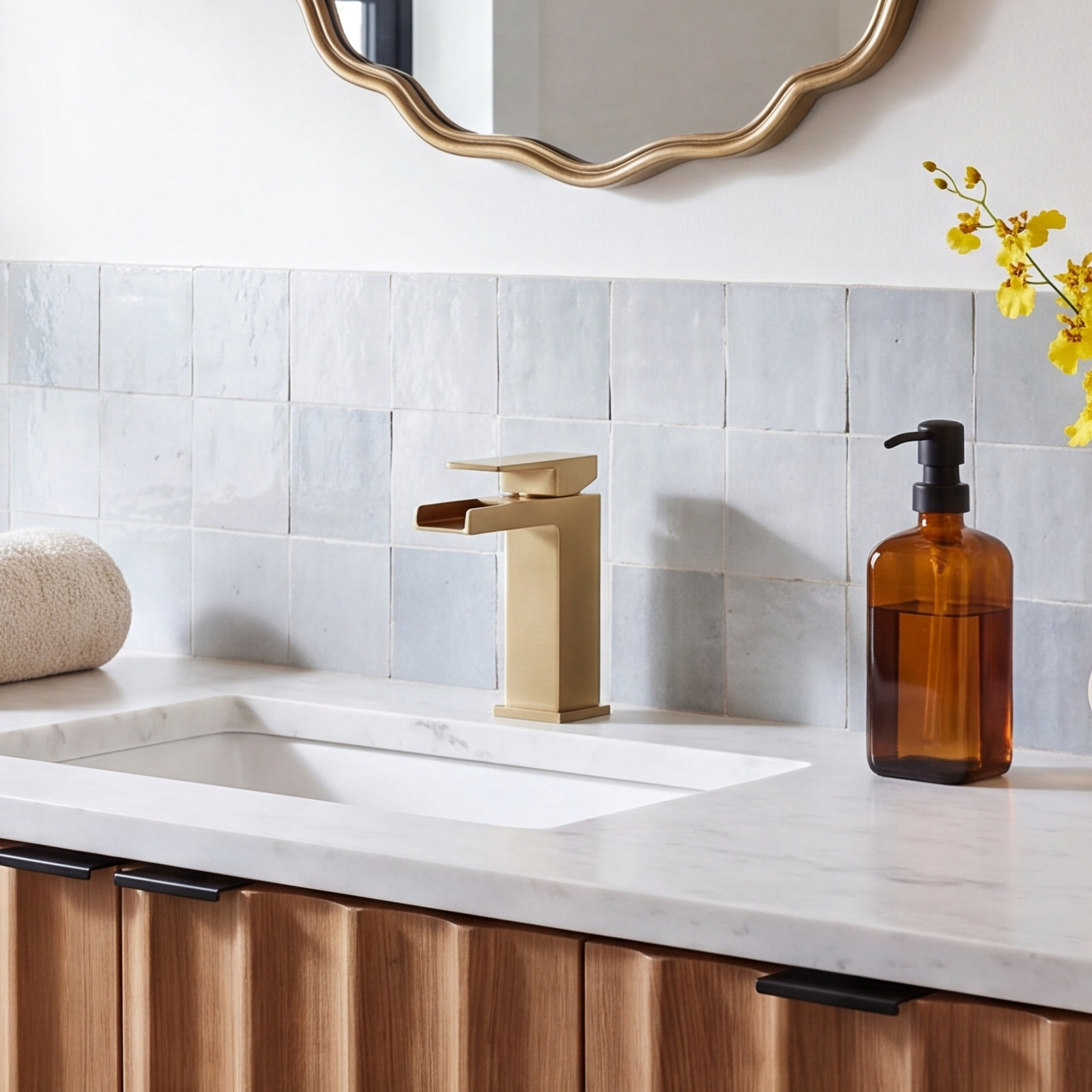 Waterfall Single-Hole Bathroom Faucet, Brushed Gold, With Drain Assembly