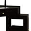 Bureau de coiffeuse d'angle triangulaire avec station de charge, tabouret rembourré, armoire latérale coulissante, plateau de table en verre, tiroir et tablette