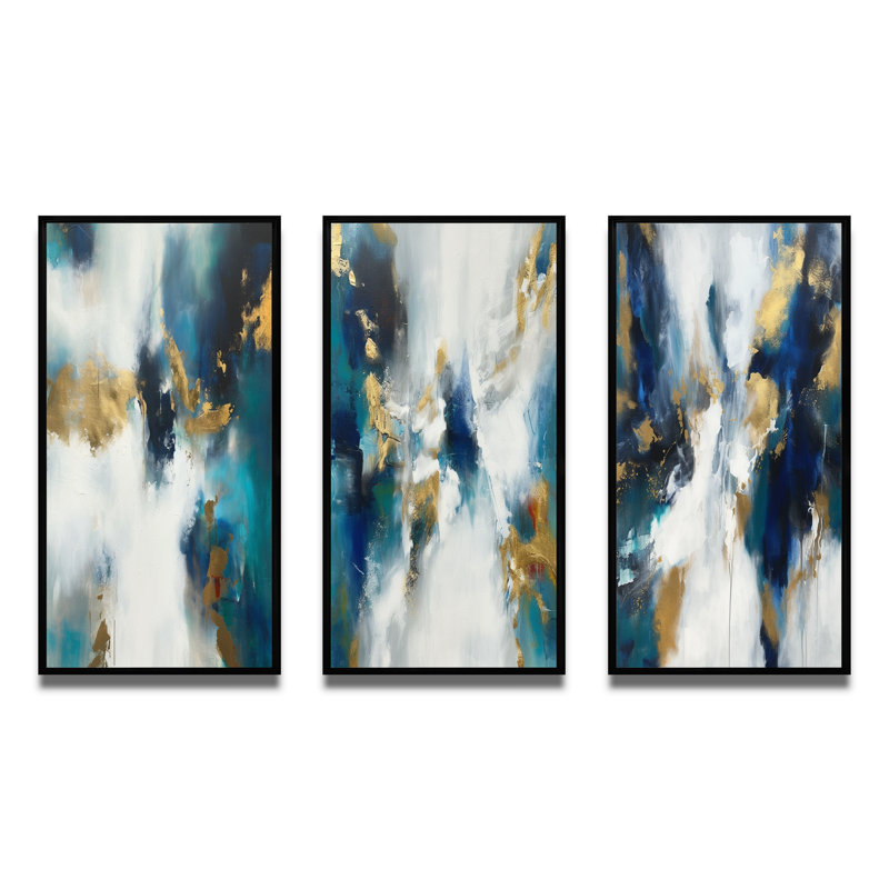 Indigo Awakening abstrait en bleu et or - ensemble de 3 peintures abstraites, Cadre flottant noir, H 28 po x l 36 po