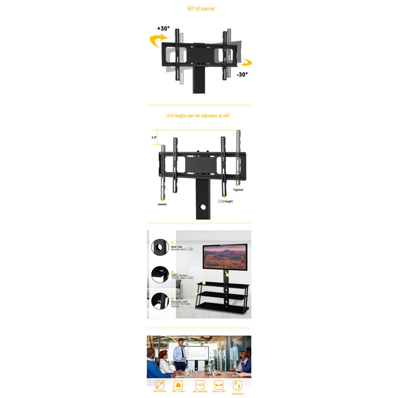 Support de téléviseur en verre noir pivotant pour téléviseurs de 32 à 65 pouces, verre trempé, compatible avec de nombreux modèles et offrant un grand confort d'utilisation.